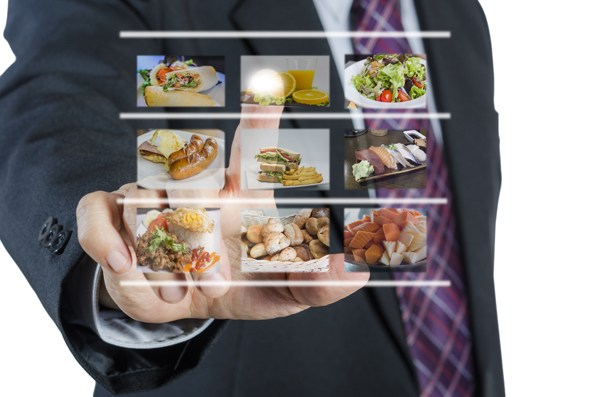 Businessman Businessman push virtual button screen in restaurant,isolated on white background